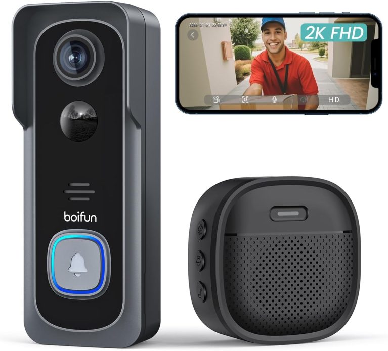 BOIFUN 2K 3MP Sonnette sans Fil Exterieur Etanche, Ultra Grand Angle 166°, Détection Humaine par IA, Vision Nocturne, Carillon sans Fil, IP65